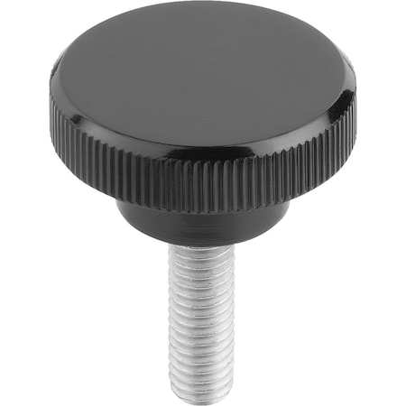 Knurled Knob D=M06X20 D1=22, Form:L Thermoset, Black, Comp:Steel, Comp:Glossy